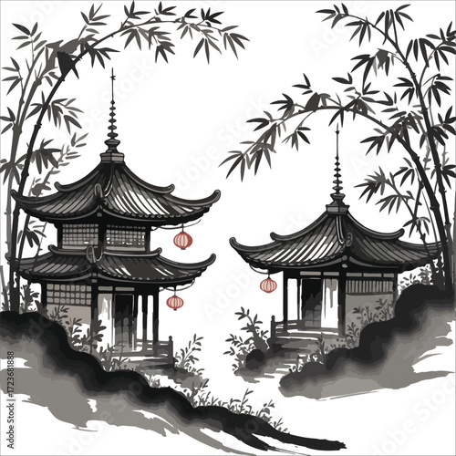 Tranquil Pagodas at Sunset Serene Bamboo Courtyard at Sunset