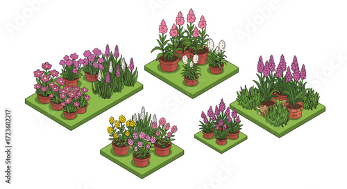 Isometric garden: potted flowers on grassy platforms