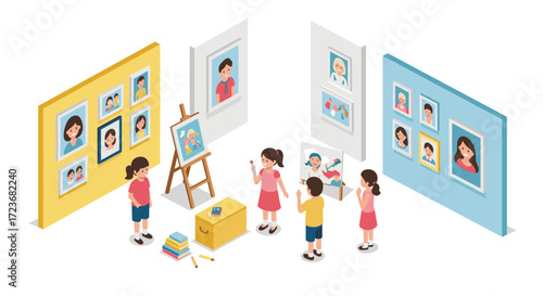 Children exploring art gallery with portraits and sketches in isometric style