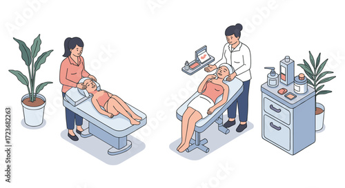 Isometric spa and wellness treatment: relaxing massage and skincare scene