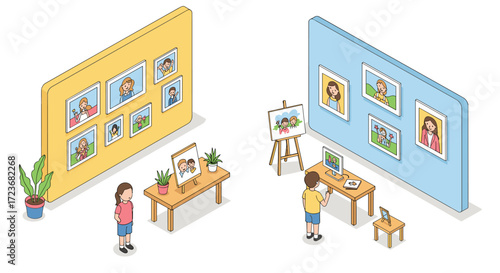 Isometric art exhibition with people observing family portraits in gallery spaces
