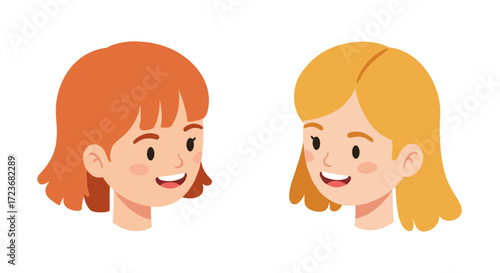 Smiling cartoon faces of happy girls with different hair colors on white