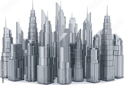 Futuristic cityscape with sleek skyscrapers, metallic architecture, sharp angles, modern urban density, conceptual skyline vector illustration on white background