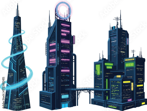 Futuristic neon cityscape with glowing skyscrapers, cyberpunk architecture, elevated walkways, sci-fi skyline, vibrant lights, and advanced urban infrastructure