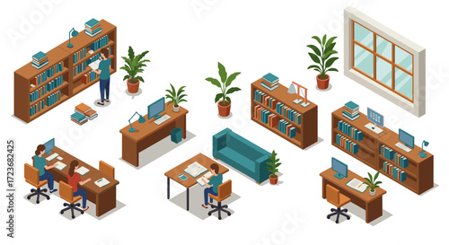 Modern office isometric design with furniture, bookshelves, and indoor plants