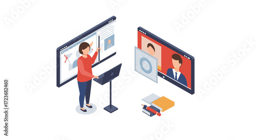 Virtual meeting concept: isometric design with presenter and participants online collaboration