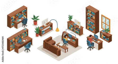Isometric home office with bookshelves and cozy furniture for remote work inspiration
