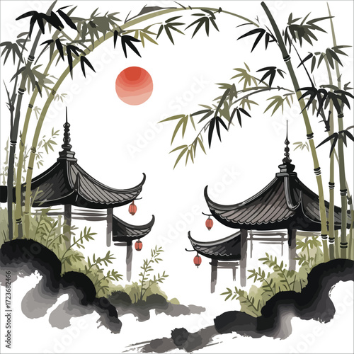 Tranquil Pagodas at Sunset Serene Bamboo Courtyard at Sunset