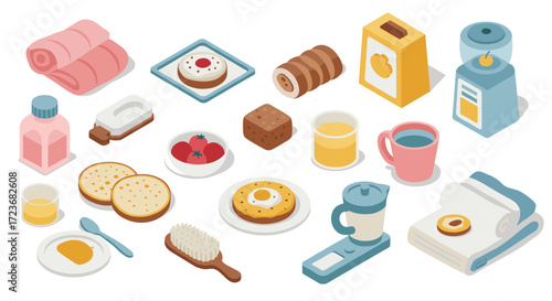 Morning routine essentials in isometric design featuring breakfast and personal care items