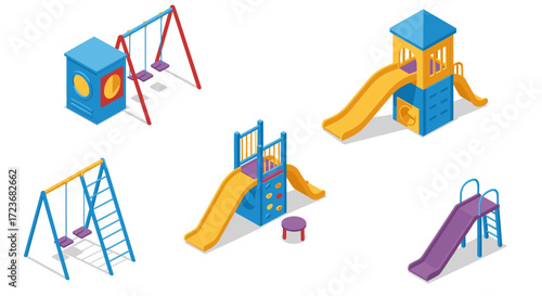 Colorful playground equipment set in isometric style: swings, slides, climbing structures