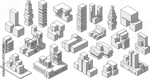 Isometric architectural model grid with 25 conceptual buildings, geometric forms, schematic layout, monochrome design, vector illustration for planning and education