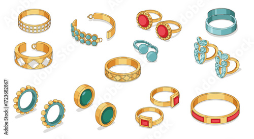 Elegant jewelry collection featuring isometric gold and gemstone rings in modern designs