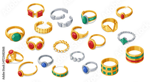 Colorful collection of gold and silver rings with gemstones in isometric style