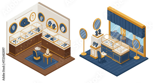 Elegant jewelry store interior and display with isometric design