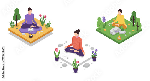 Isometric meditation scenes with plants and rocks in tranquil garden settings