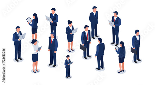 Modern isometric business team meeting with digital devices and communication