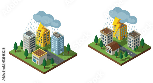 Isometric cityscape with thunderstorm and lightning strikes over urban buildings
