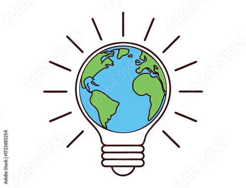 Creative earth concept in lightbulb with radiating lines for energy conservation