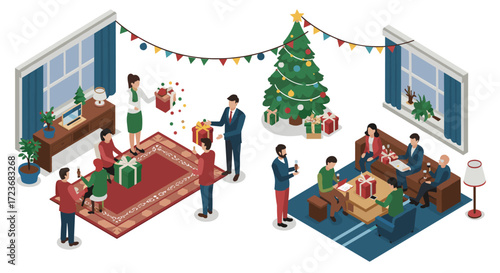 Isometric christmas party scene with decorated tree and gift exchange in a cozy living room