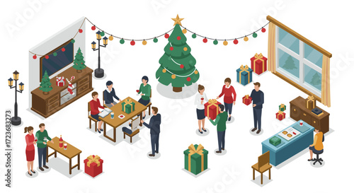 Office holiday celebration with christmas tree and gift exchange in isometric style
