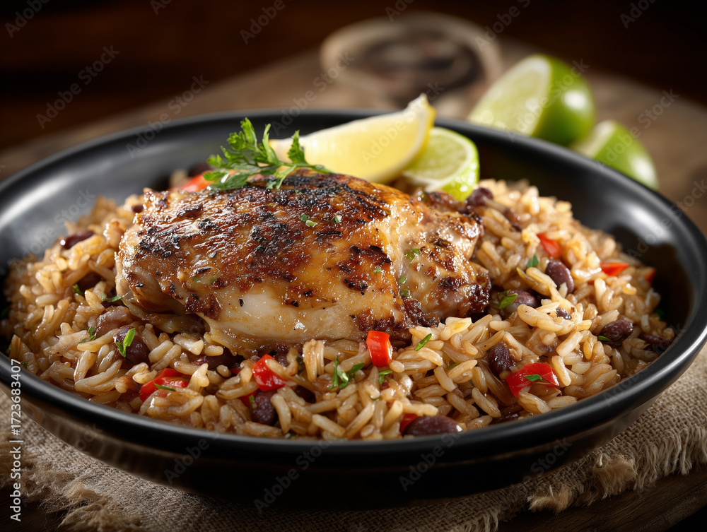 Fototapeta premium Roasted chicken, rice and beans, and fresh lime