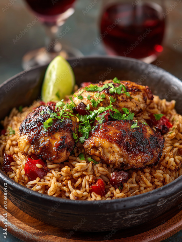 Fototapeta premium Roasted chicken with rice, herbs, and red wine
