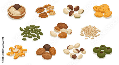 Variety of nuts and seeds in flat design style with isolated modern icons on white background