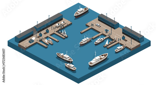 Isometric marina scene with boats and piers in a harbor setting
