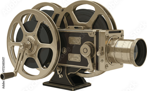 Vintage film projector with dual reels, polished metallic body, crank handle, brass lens, classic early cinema equipment for motion pictures 