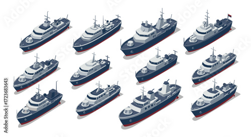 Isometric collection of naval ships and yachts in various designs