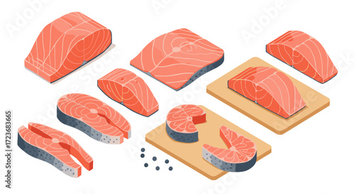 Isometric salmon cuts on wooden boards with peppercorns