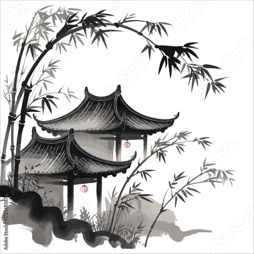 Tranquil Pagodas at Sunset Serene Bamboo Courtyard at Sunset