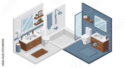 Modern isometric bathroom design with dual color schemes and minimalist decor