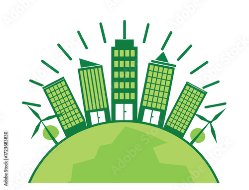 Green city on the earth with sustainable energy concept vector illustration
