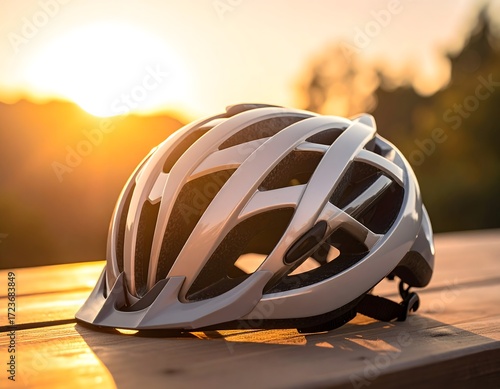 Wallpaper Mural Minimal cycling helmet placed on wooden surface under daylight Torontodigital.ca