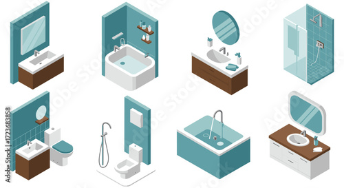 Modern isometric bathroom interiors with fixtures and accessories