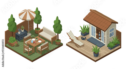 Cozy outdoor patio and garden with furniture and plants in isometric style
