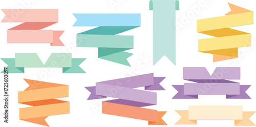 Colorful ribbon banner vector set with unique shapes, folds, and cutouts for labels, headings, posters, and design themes