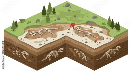 Isometric dinosaur fossil discovery in subterranean layers with forest above
