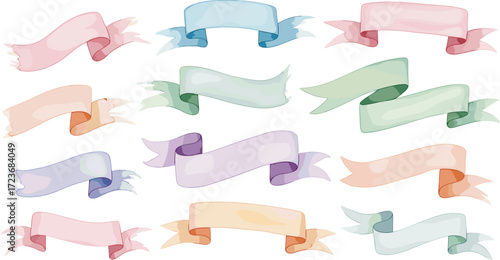 Colorful ribbon banner vector set with 3D folds, gradients, and decorative shapes for labels, posters, invitations, and design themes