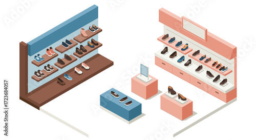 Isometric shoe store display with colorful footwear arranged neatly on shelves and pedestals