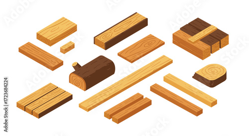 Isometric wooden planks and logs: natural timber collection for construction and design