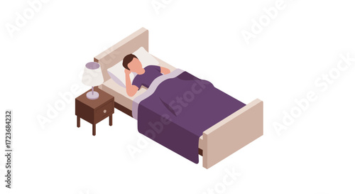 Isometric bedtime scene with person relaxing in bed