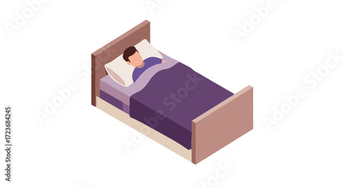 Man sleeping in isometric bed with purple blanket and pillow