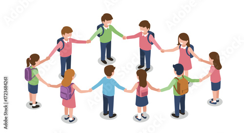 Group of students forming a circle holding hands in isometric style