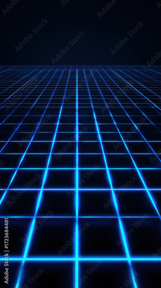 Obraz premium Glowing neon blue grid on dark background creates futuristic atmosphere