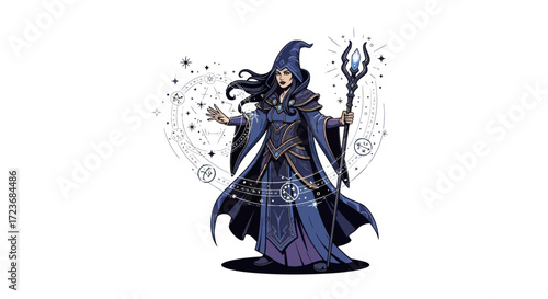 Dark-Haired Female Witch with Magic Staff.