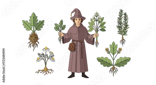 Wizard Holding Various Medicinal Herbs and Roots.