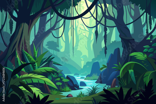 Enchanting jungle river landscape with lush tropical flora, perfect for adventure games, serene backgrounds, or vibrant nature illustrations for children's books