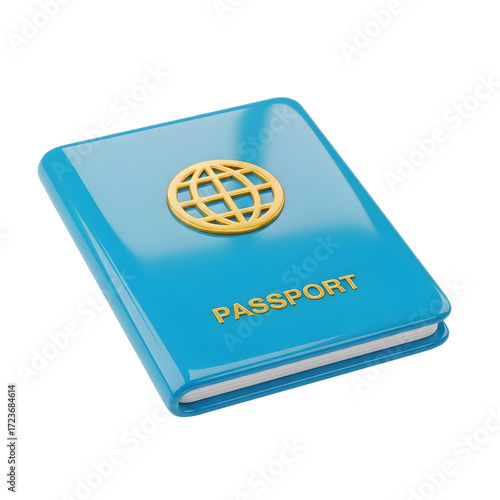 Glossy Blue Passport with Golden Globe Icon and Text on Transparent Background.